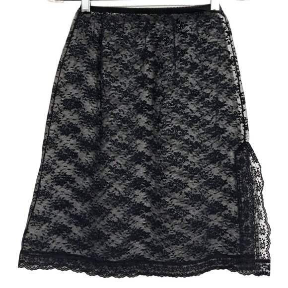 VIntage Black Lace Half Slip Knee-Length Skirt Sheer With Elastic Waistband & Fl - Picture 5 of 7